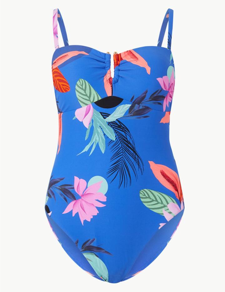 Marks & Spencer Secret Slimming™ Floral Print Bandeau Swimsuit Blue Mix