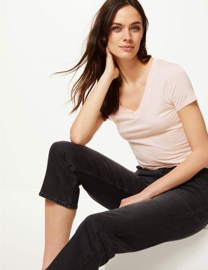 Marks & Spencer V-neck Mercerised Short Sleeve T-shirt Blush