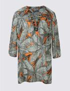 Marks & Spencer Plus Leaf Print Notch Neck 3/4 Sleeve Tunic Orange Mix