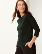 Marks & Spencer Checked Slash Neck 3/4 Sleeve Top Green Mix