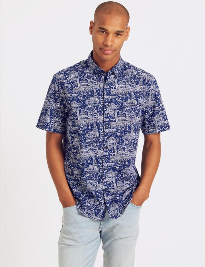 Marks & Spencer Pure Cotton Beach Pier Design Shirt Indigo