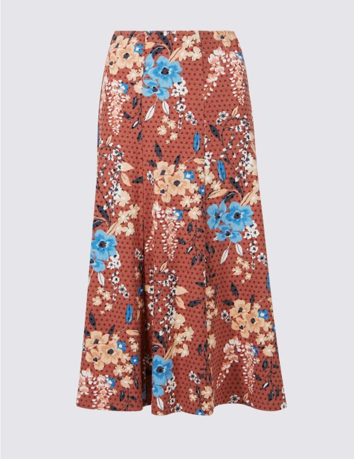 Marks & Spencer Floral Print Flocked A-line Midi Skirt Orange Mix