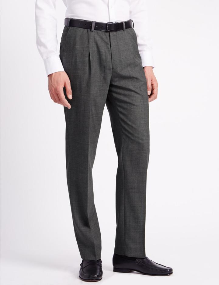 Marks & Spencer Regular Wool Blend Single Pleated Trousers Grey
