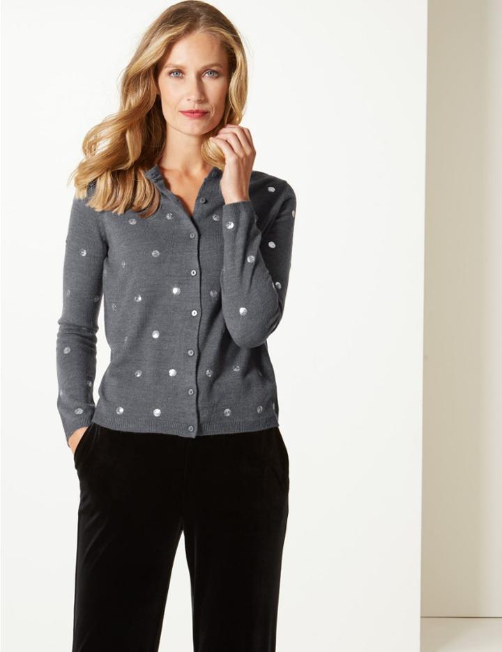 Marks & Spencer Embellished Round Neck Cardigan Dark Grey