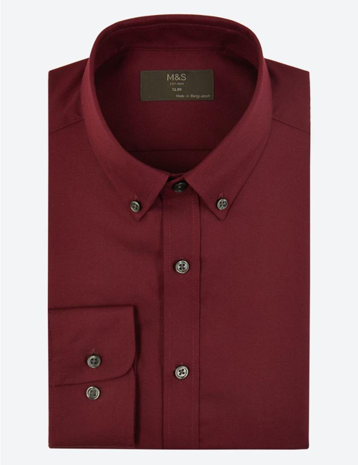 Marks & Spencer Slim Fit Textured Easy To Iron Shirt Burgundy
