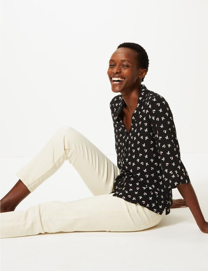 Marks & Spencer Floral Print 3/4 Sleeve Shirt Black Mix