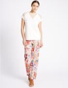 Marks & Spencer Floral Print Wide Leg Trousers Pink Mix