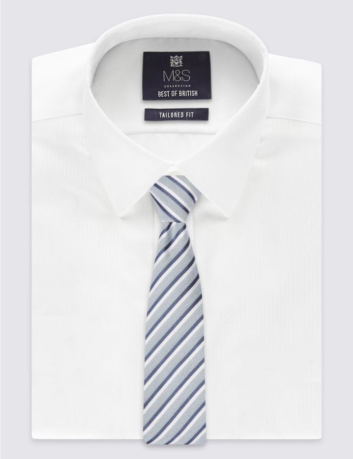 Marks & Spencer Handmade Silk Herringbone Striped Tie Light Blue