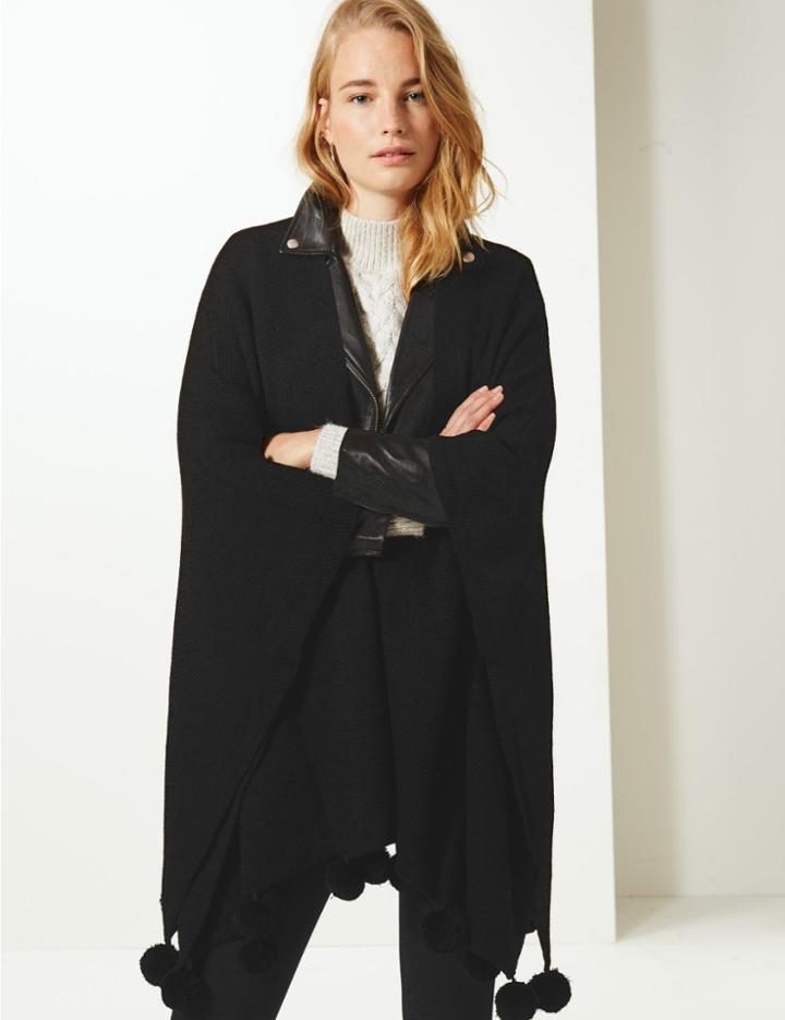 Marks & Spencer Textured Pom-pom Knitted Wrap Black Mix