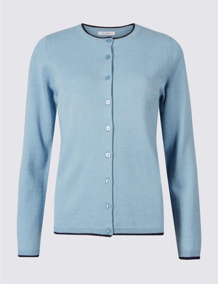 Marks & Spencer Tipped Round Neck Cardigan Soft Blue