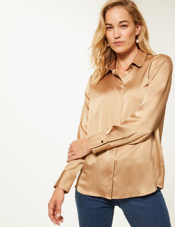 Marks & Spencer Satin Long Sleeve Shirt Camel