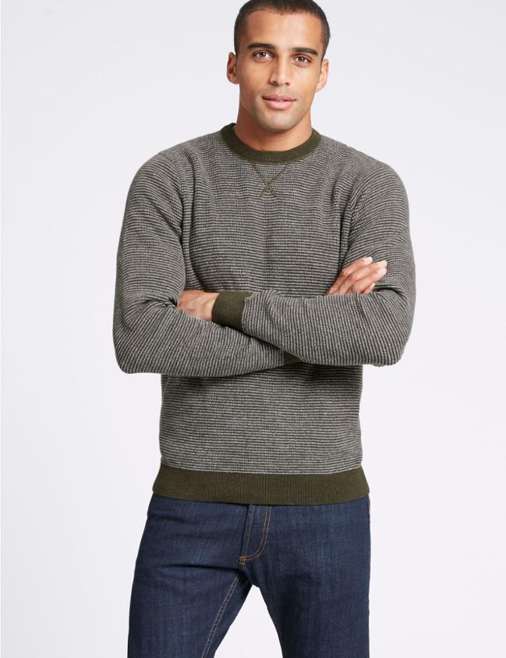 Marks & Spencer Pure Cotton Textured Jumper Khaki Mix
