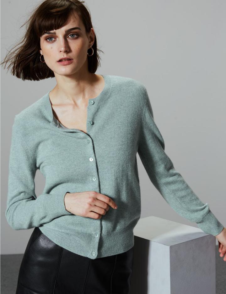 Marks & Spencer Pure Cashmere Round Neck Cardigan Blue/green