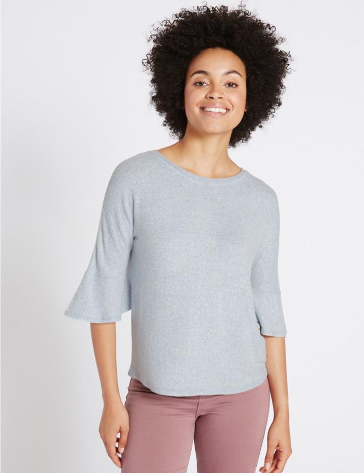 Marks & Spencer Round Neck Frill Sleeve T-shirt Pale Blue