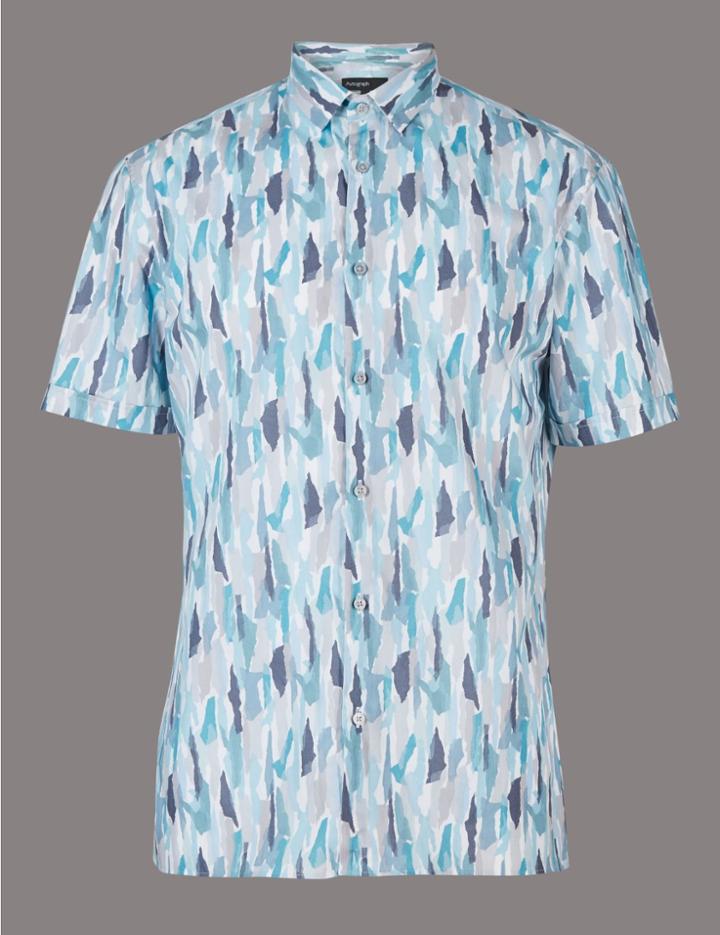 Marks & Spencer Luxury Pure Cotton Slim Fit Printed Shirt Teal
