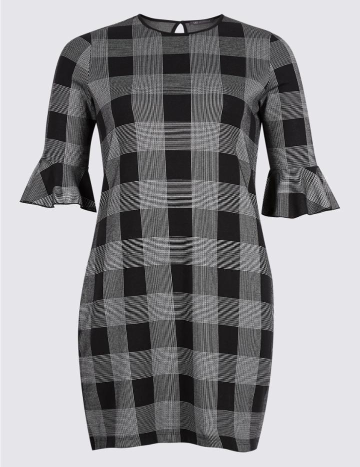 Marks & Spencer Plus Cotton Rich Striped Check Tunic Dress Black Mix