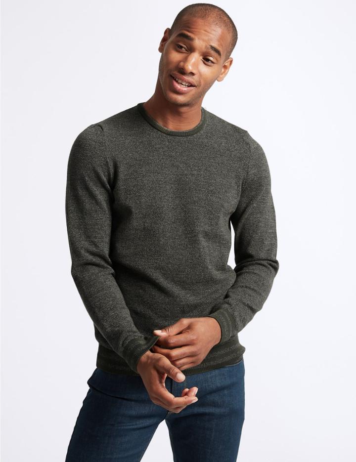 Marks & Spencer Cotton Rich Textured Jumper Khaki Mix