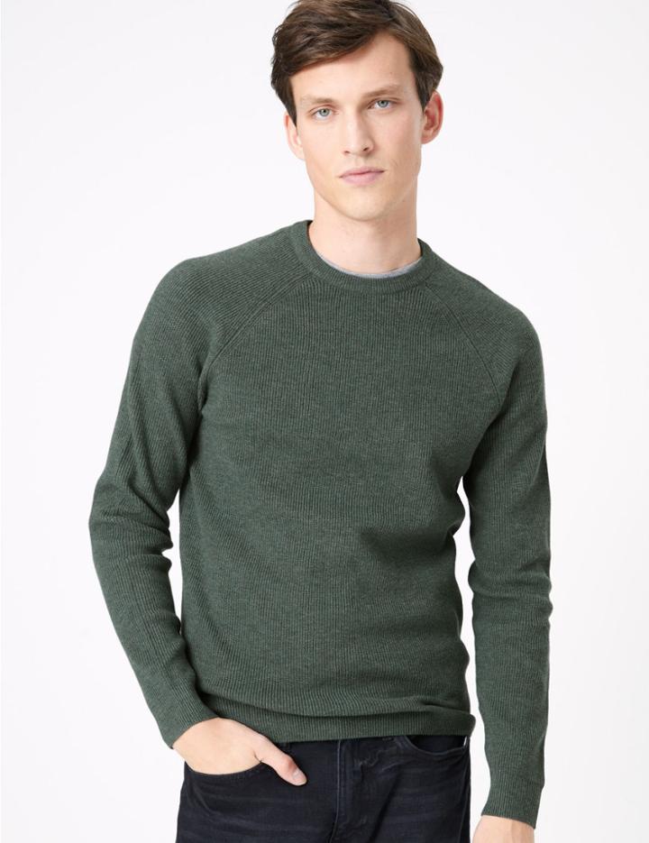 Marks & Spencer Cotton Blend Crew Neck Raglan Jumper Cedar