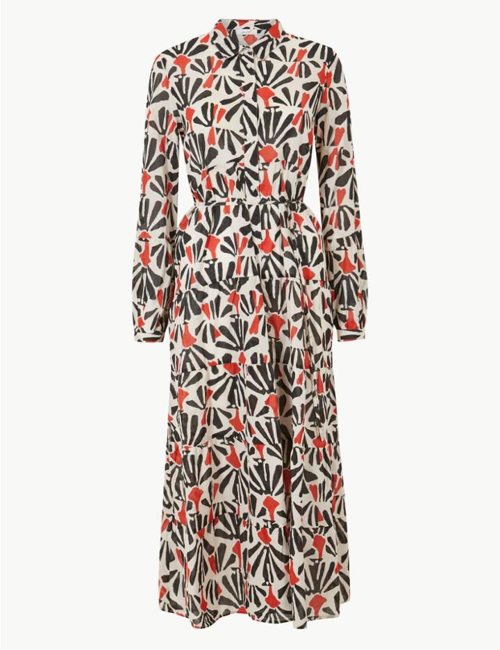 Marks & Spencer Pure Cotton Long Sleeve Shirt Maxi Dress Ivory Mix