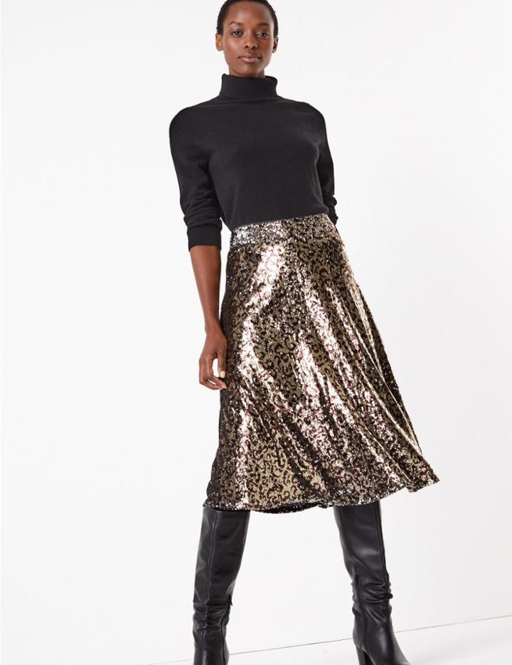 Marks & Spencer Sequin Animal Print Slip Midi Skirt Black Mix