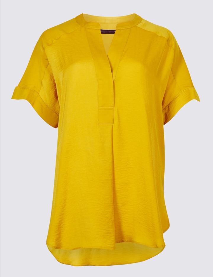 Marks & Spencer Popover Notch Neck Short Sleeve Blouse Winter Lime