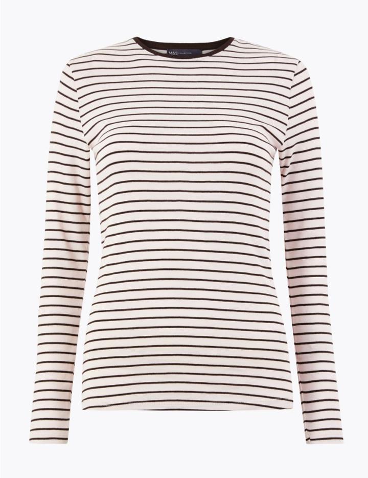 Marks & Spencer Pure Cotton Striped Regular Fit T-shirt Light Pink Mix
