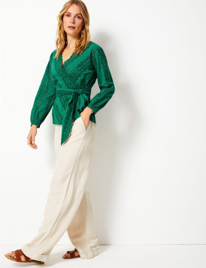 Marks & Spencer Pure Cotton Embroidered Blouse Sea Green