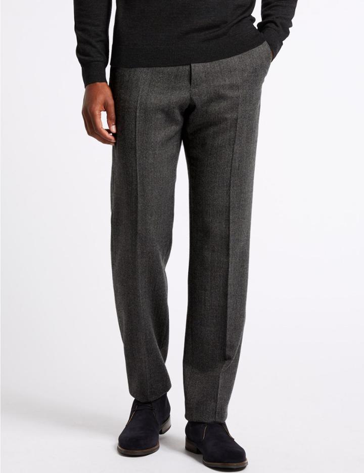 Marks & Spencer Wool Blend Regular Fit Flat Front Trousers Grey
