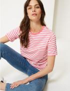Marks & Spencer Pure Cotton Striped Straight Fit T-shirt Pink Mix