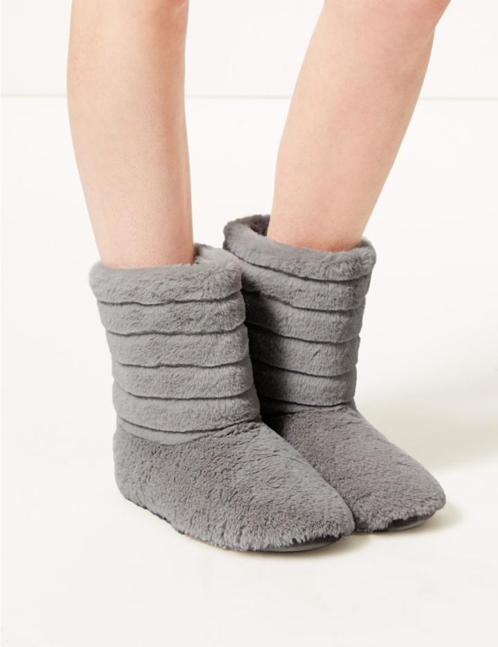 Marks & Spencer Fur Striped Slipper Boots Grey