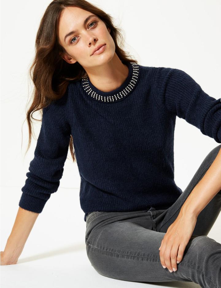 Marks & Spencer Embellished Round Neck Long Sleeve Jumper Navy