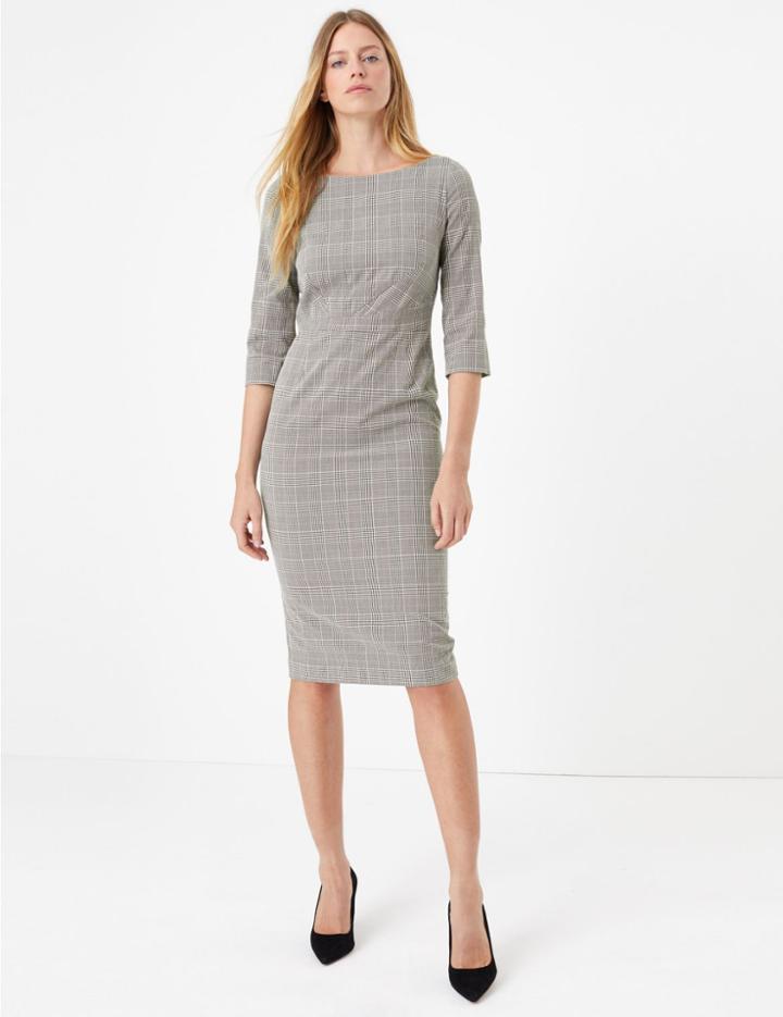 Marks & Spencer Cotton Blend Checked Bodycon Midi Dress Black Mix