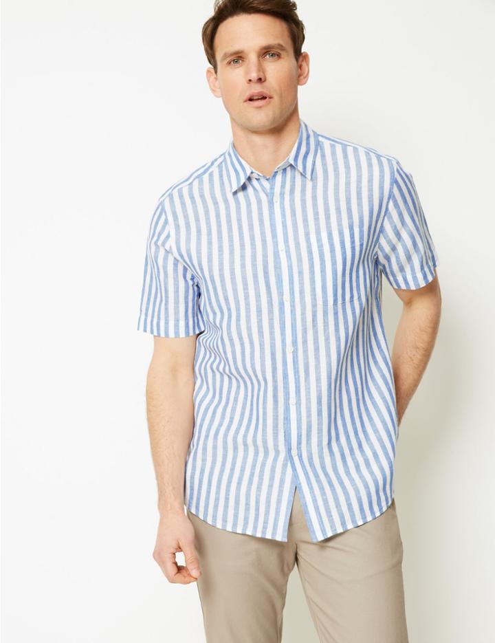 Marks & Spencer Linen Rich Striped Shirt Rust Mix