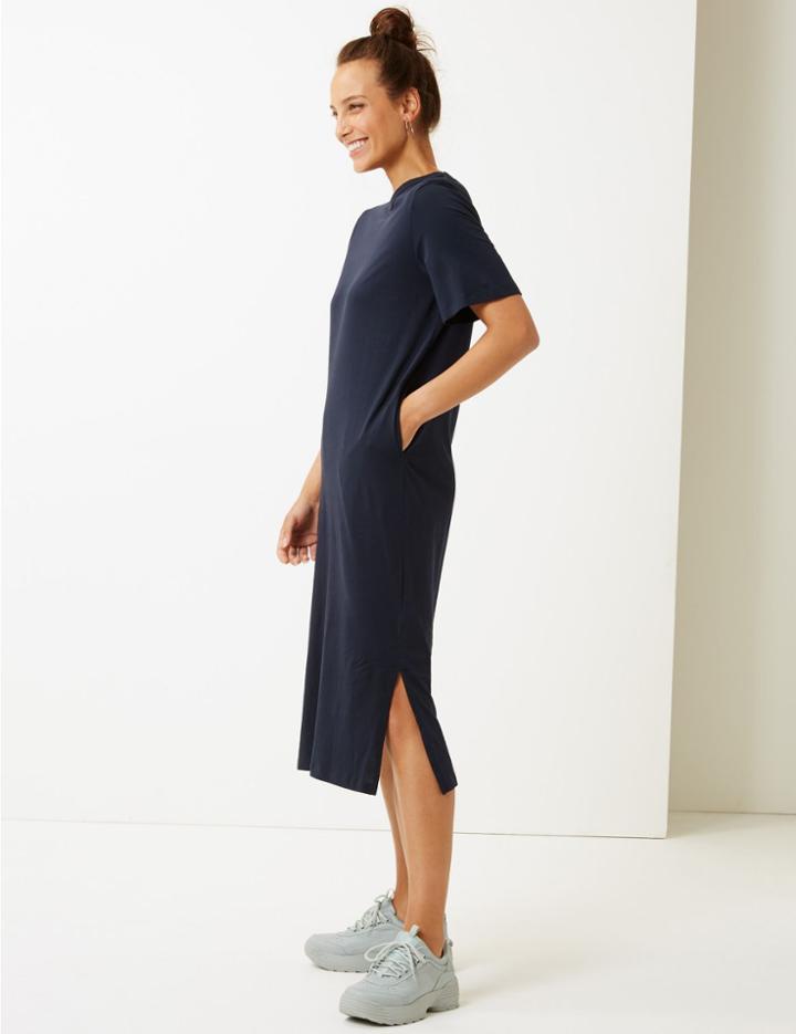 Marks & Spencer Pure Cotton Short Sleeve Shift Midi Dress Navy