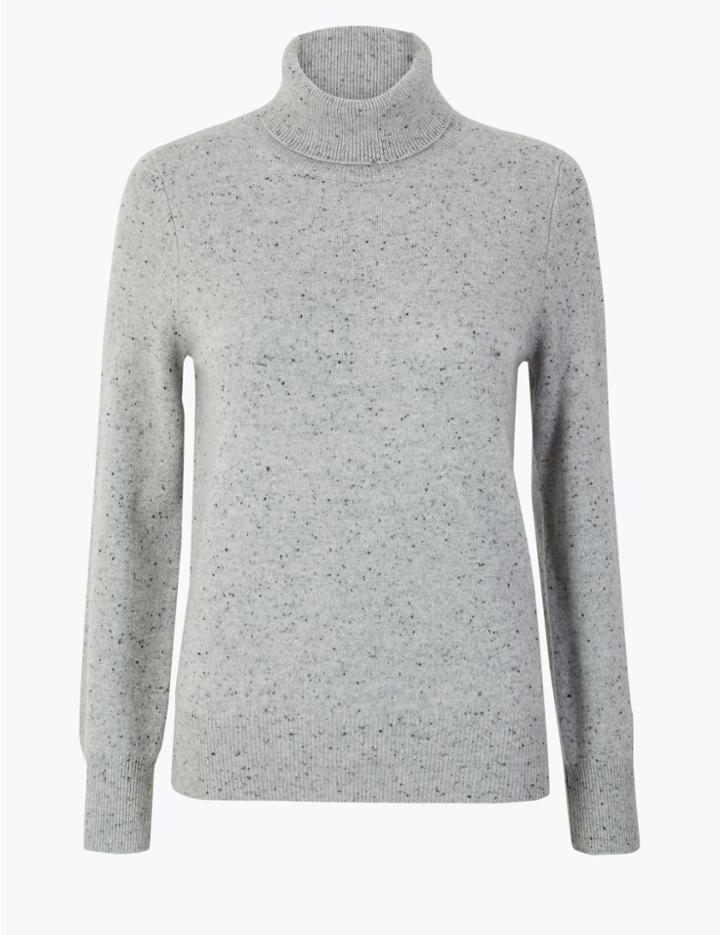 Marks & Spencer Pure Cashmere Textured Roll Neck Jumper Grey Mix