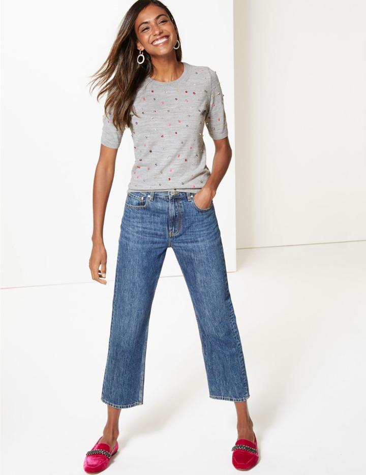Marks & Spencer Embellished Round Neck Half Sleeve Jumper Grey Marl