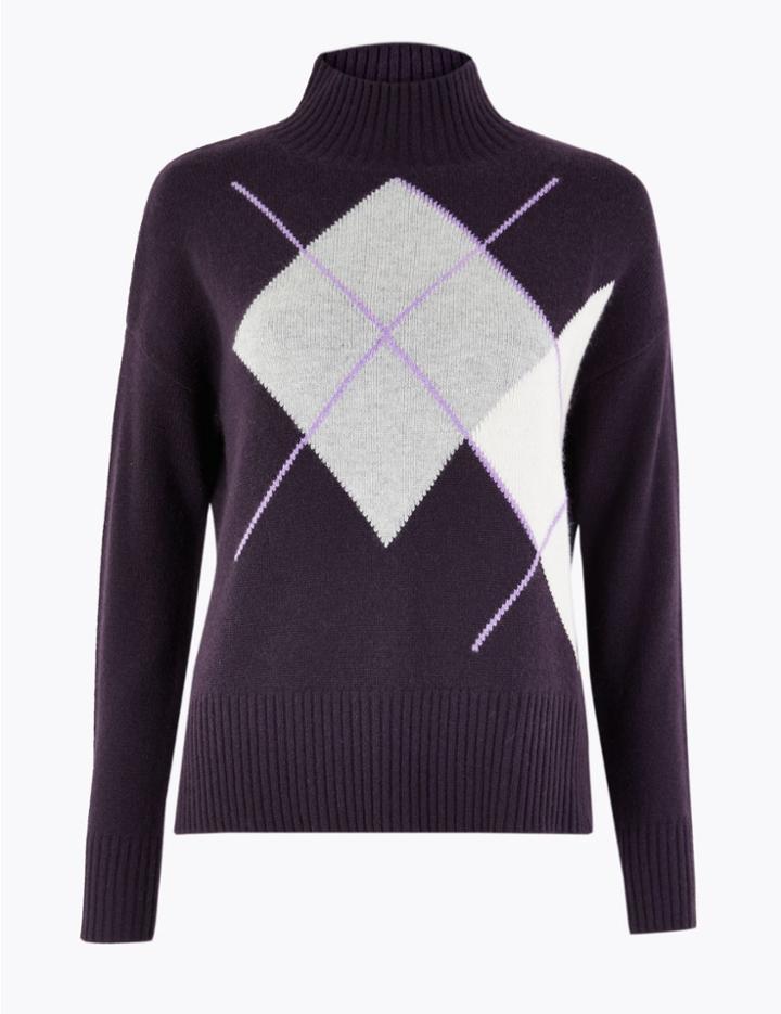 Marks & Spencer Cashmere Argyle Turte Neck Jumper Mulberry Mix