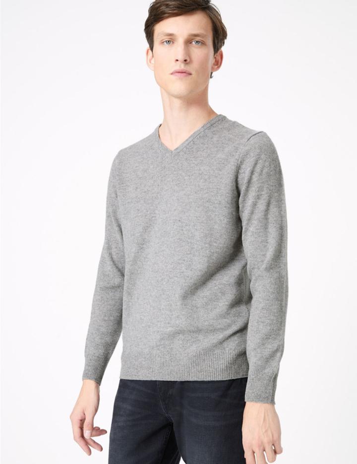 Marks & Spencer Pure Extra Fine Lambswool V-neck Jumper Mid Grey