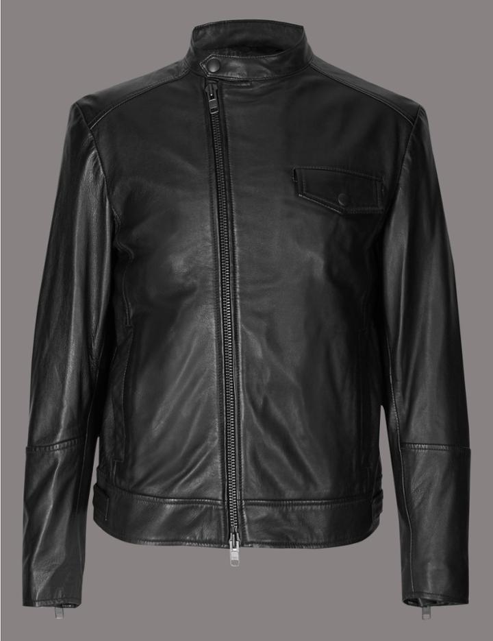 Marks & Spencer Leather Asymmetric Zipped Jacket Black