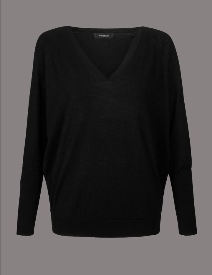 Marks & Spencer Silk Rich V-neck Long Sleeve Jumper Black