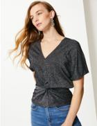 Marks & Spencer Sparkly Twist Front V-neck Short Sleeve Top Metallic