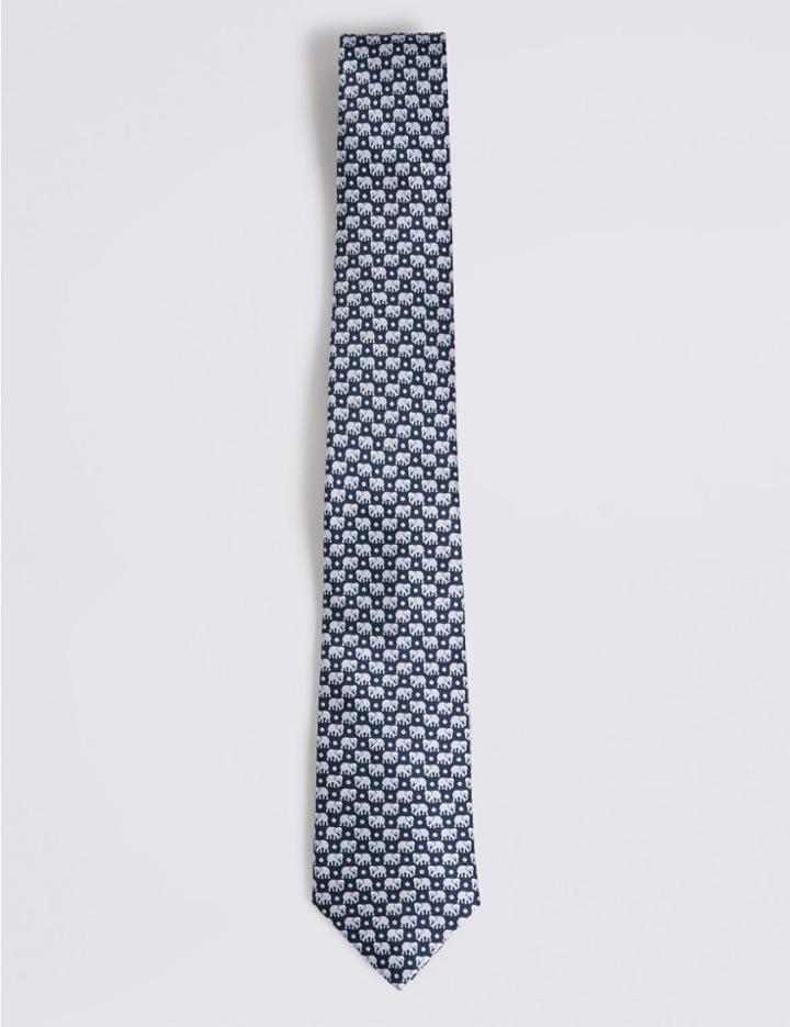 Marks & Spencer Pure Silk Elephant Print Tie Navy Mix