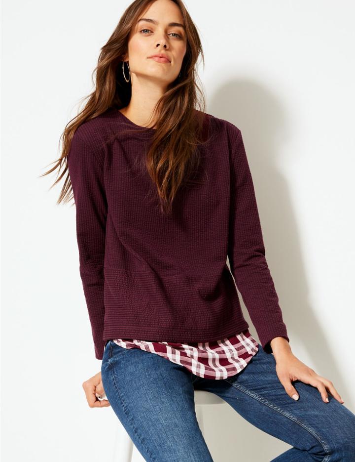 Marks & Spencer Textured Satin Round Neck Long Sleeve Tops Plum