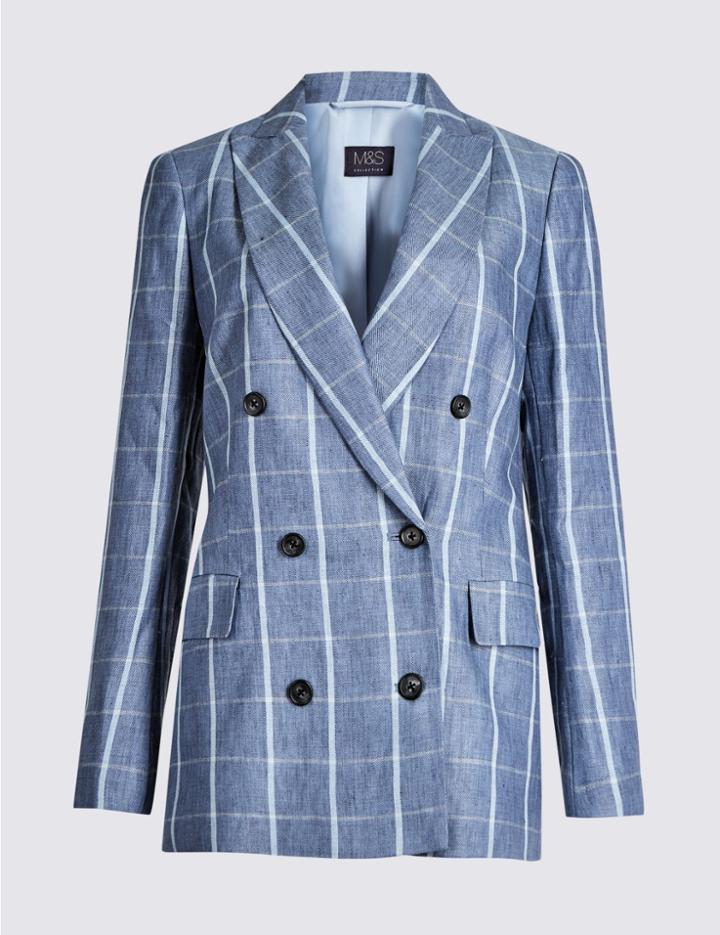 Marks & Spencer Pure Linen Checked Blazer Bluebell