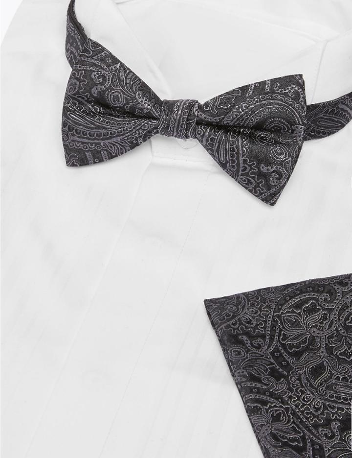 Marks & Spencer Silk Paisley Bow Tie And Pocket Square Set Grey Mix