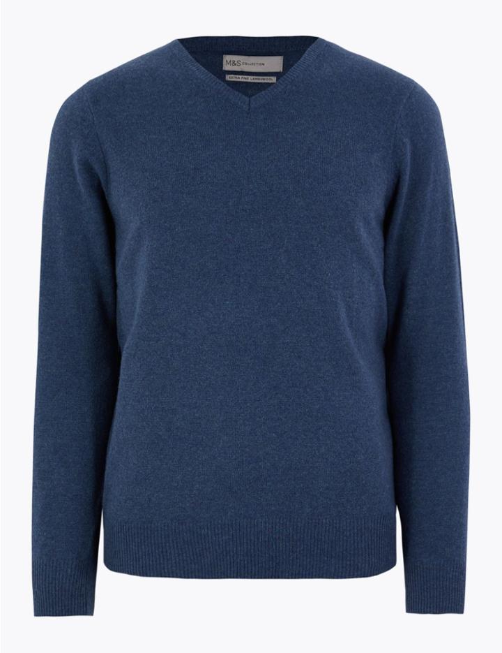 Marks & Spencer Extra Fine Lambswool V-neck Jumper Indigo