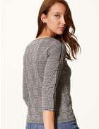Marks & Spencer Checked Slash Neck 3/4 Sleeve Top Grey Mix