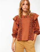 Marks & Spencer Pure Cotton Embroidered Frill Detail Blouse Sienna