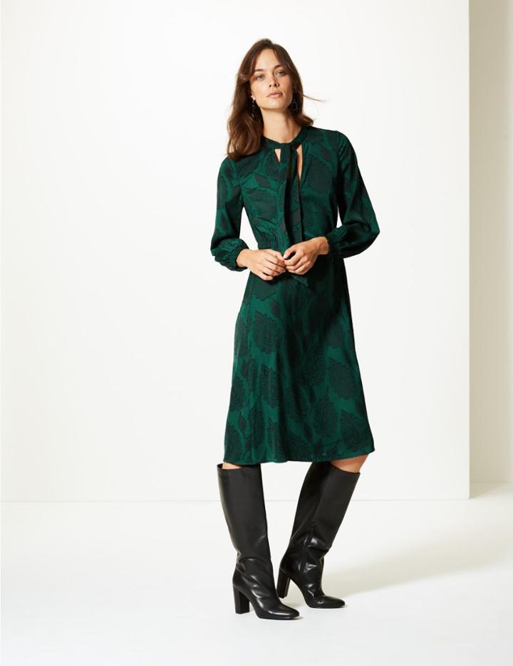 Marks & Spencer Jacquard Print Long Sleeve Shift Midi Dress Green