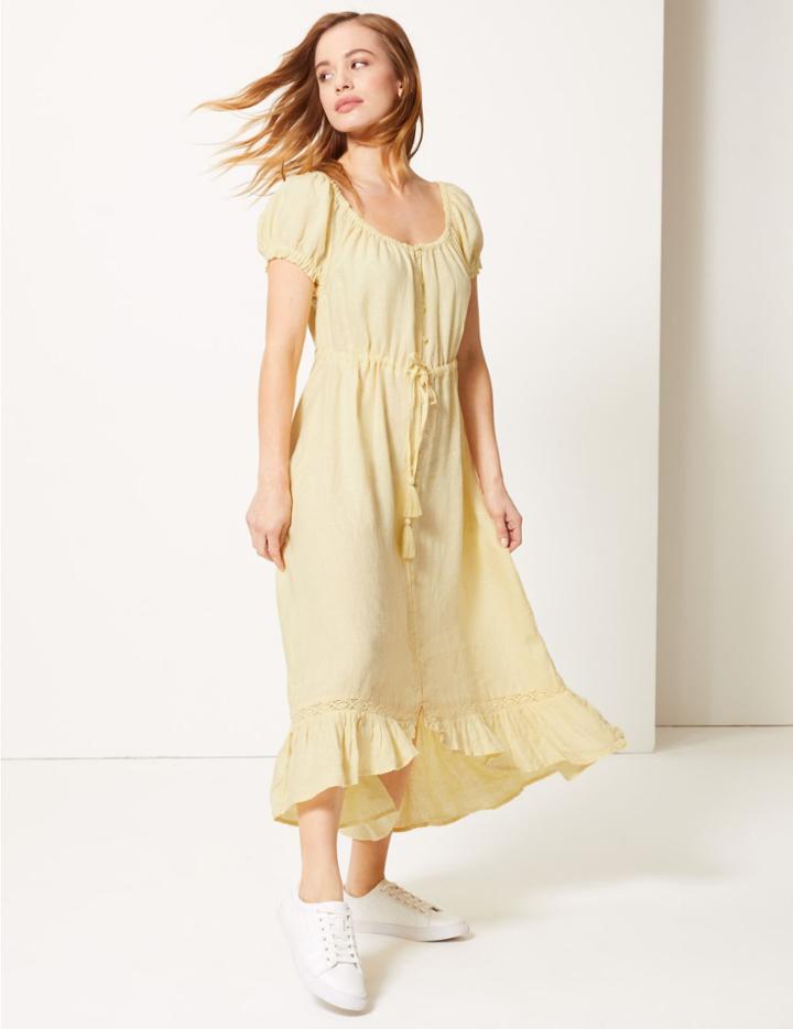 Marks & Spencer Petite Pure Linen Waisted Midi Dress Soft Yellow